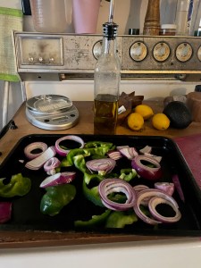 Roasted onions and peppers for tacos.