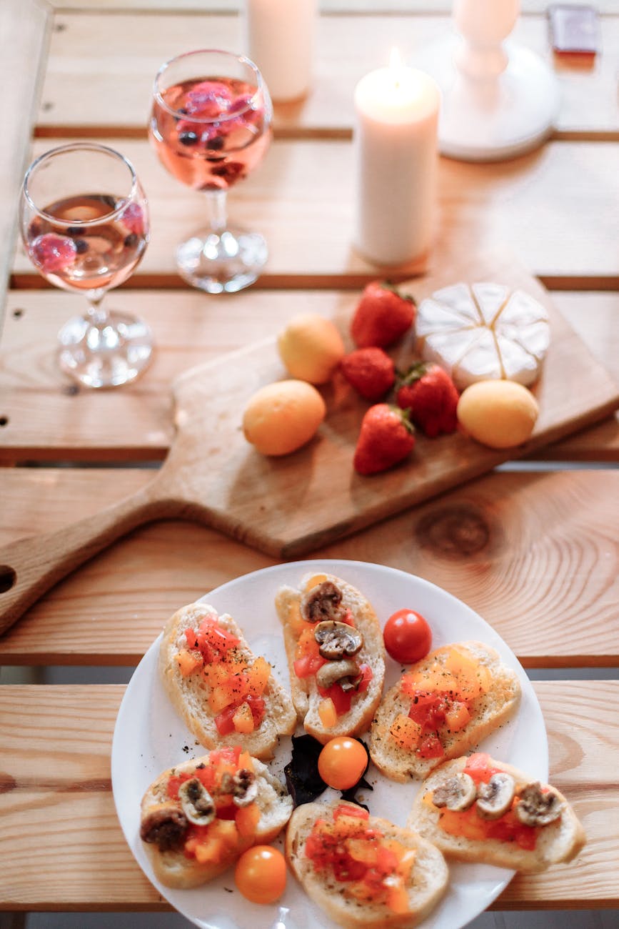 Bruschetta with wine and cheeseboard