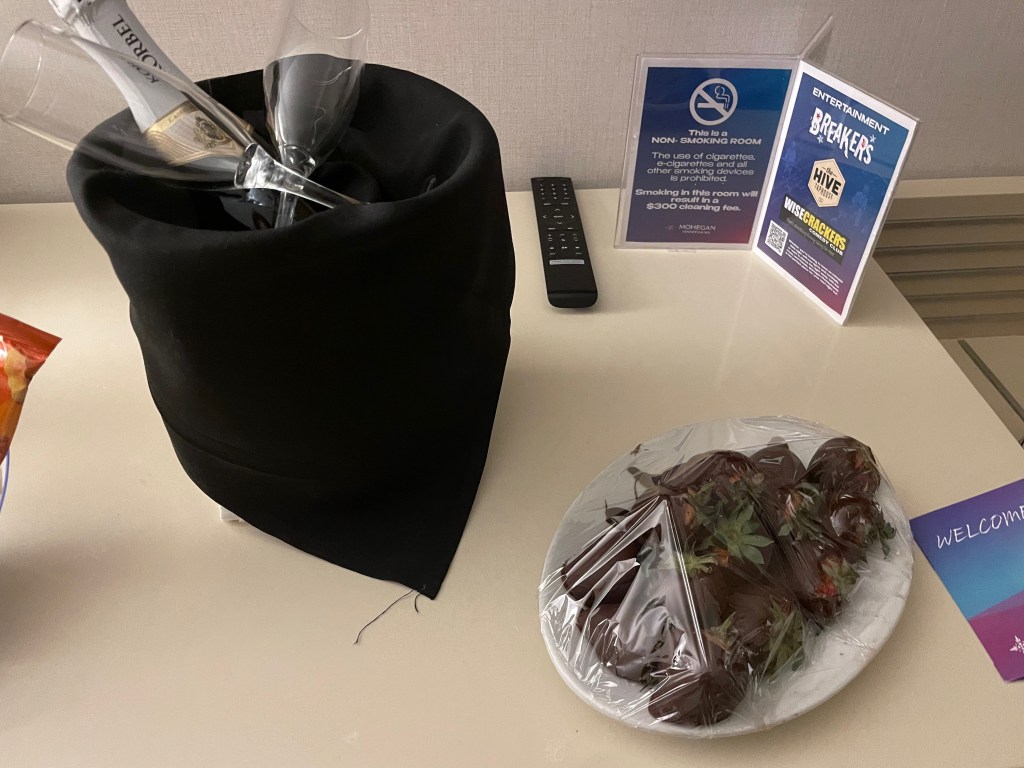 Chocolate covered strawberries in the hotel room!