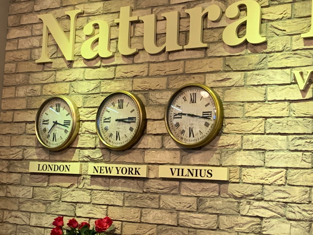 Clocks in London, New York and Vilnius